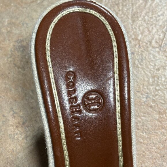Worn 1X Cole Haan Kina Wedge Sandals Natural Linen Gold Accent Slides Size 8 B - Picture 10 of 16